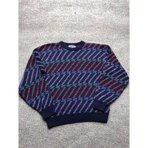 Vintage Sweater Graphix Sweater Mens Large Blue Striped Crewneck Knit Retro 80s